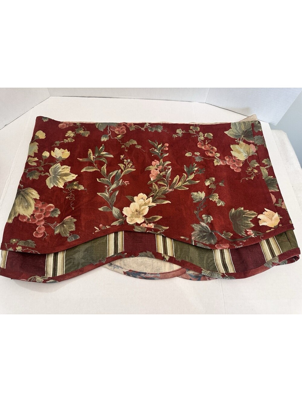 2 Waverly Chianti Red Floral Grape/Striped Scalloped Valances 74 X 15"